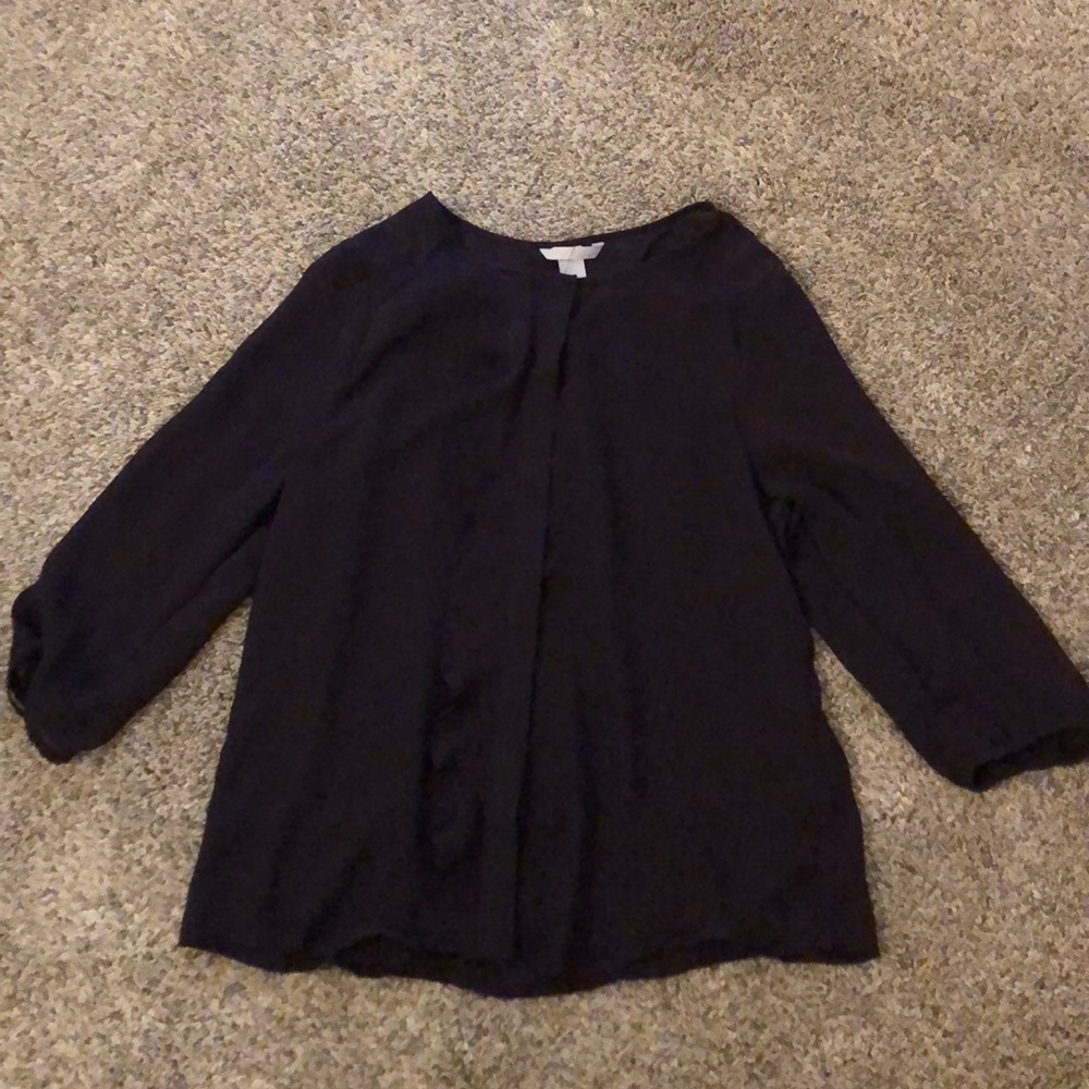 NWOT Eggplant sheer blouse, ruffle down the front